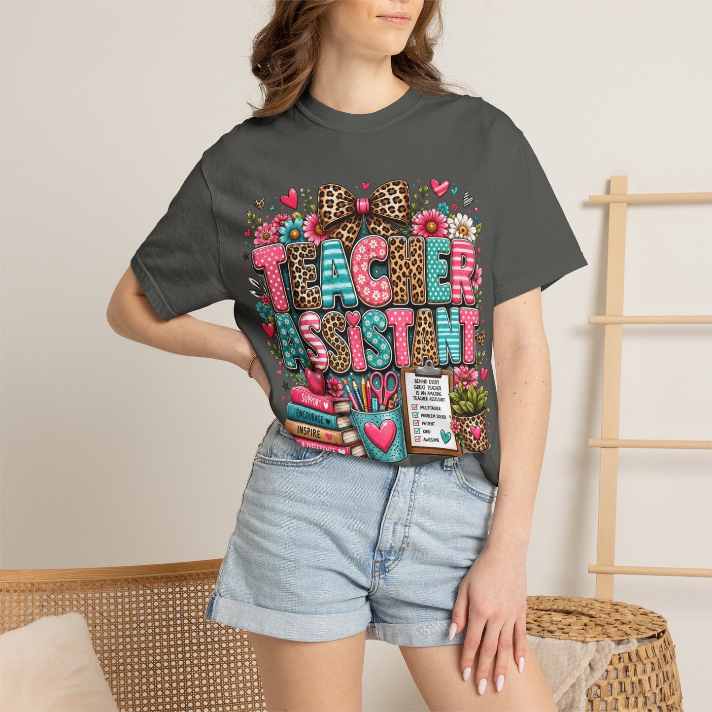 Floral & Leopard Teacher Assistant Tee -- Comfort Colors