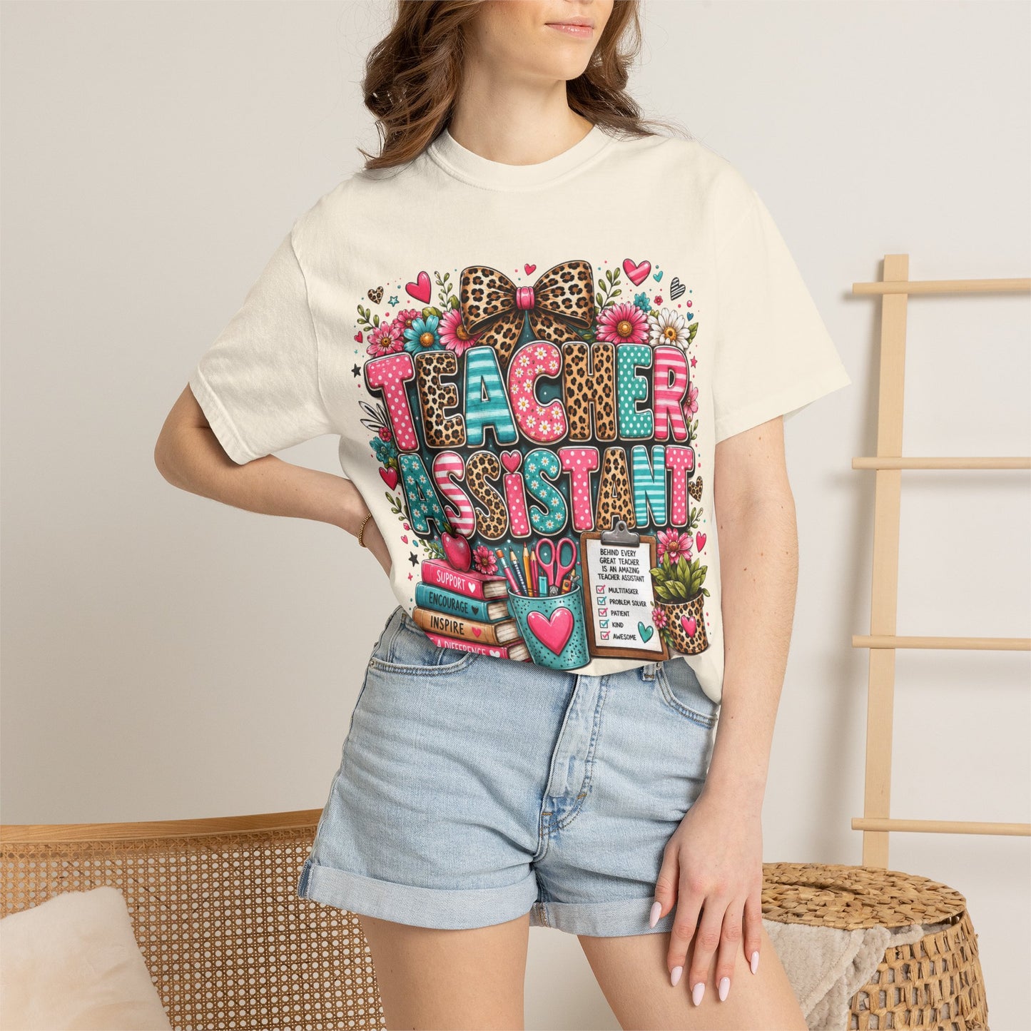 Floral & Leopard Teacher Assistant Tee -- Comfort Colors