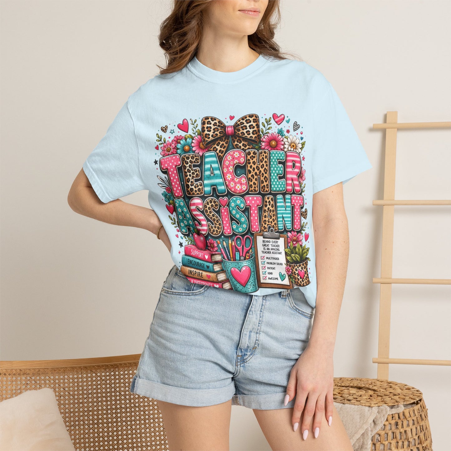Floral & Leopard Teacher Assistant Tee -- Comfort Colors