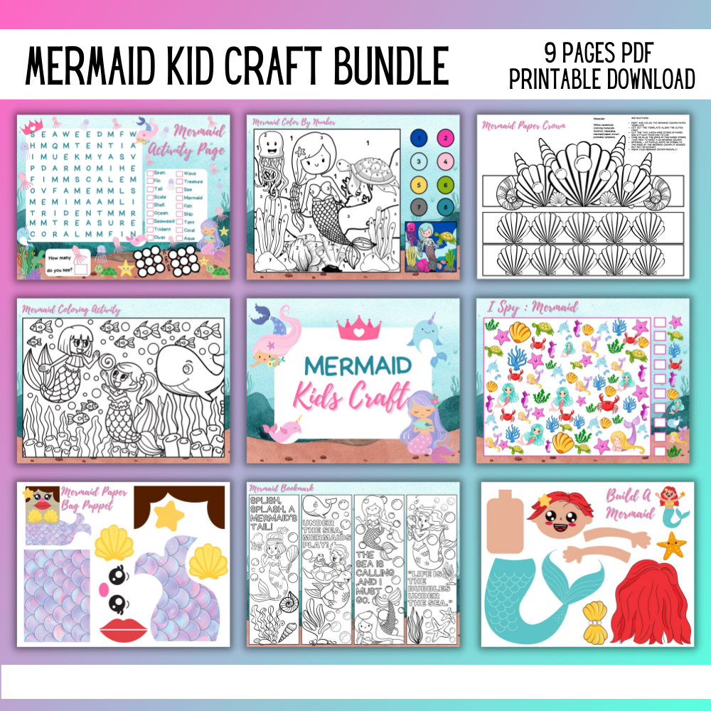 🧜‍♀️ Mermaid Kid Craft Bundle – 9 Printable PDF Activities