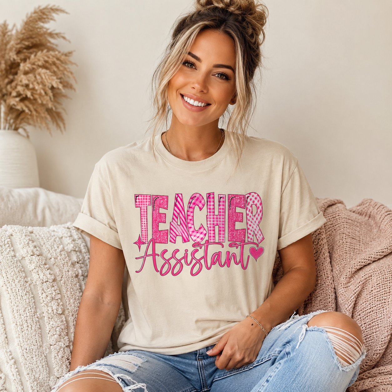 Pink Heart Teacher Assistant Tee — Gildan Heavy Cotton