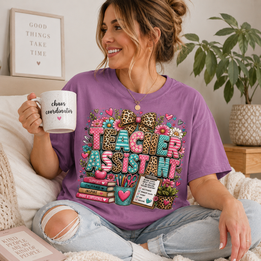 Floral & Leopard Teacher Assistant Tee -- Comfort Colors