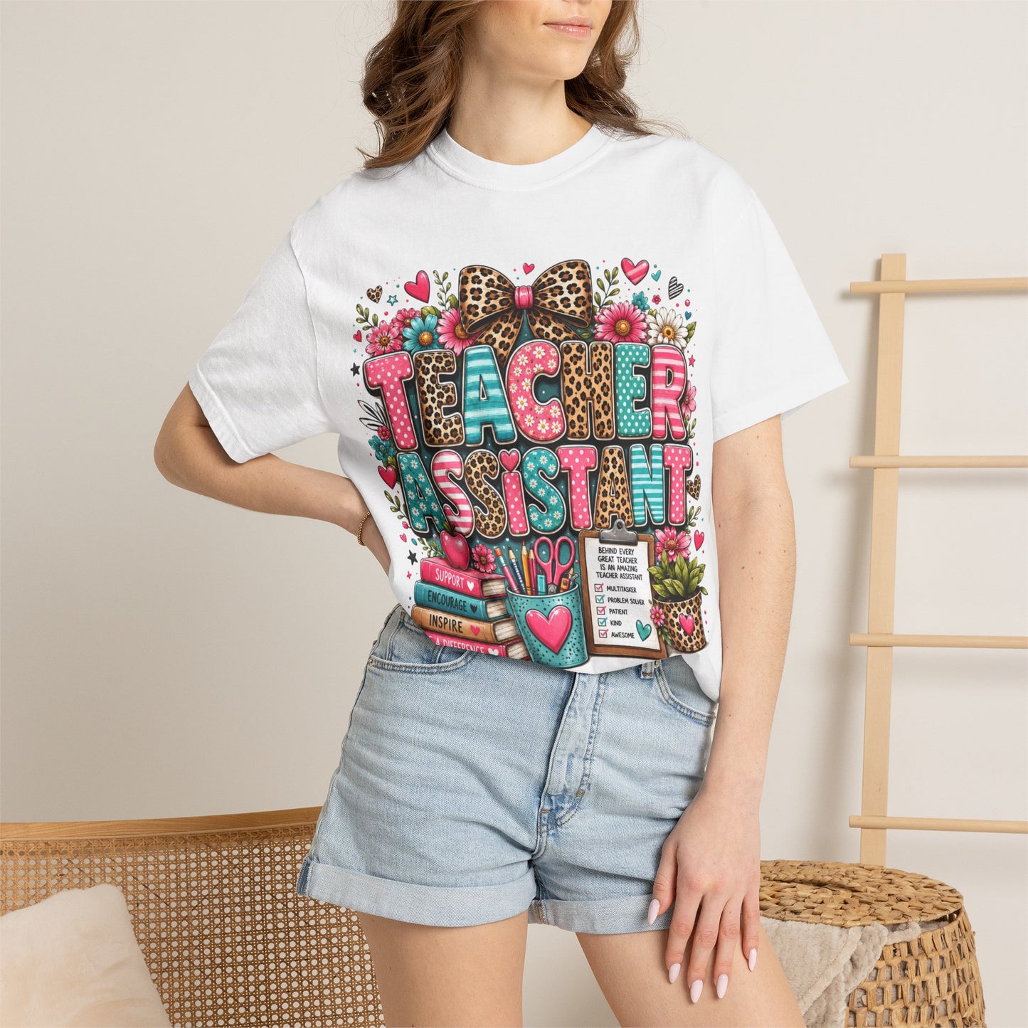 Floral & Leopard Teacher Assistant Tee -- Comfort Colors