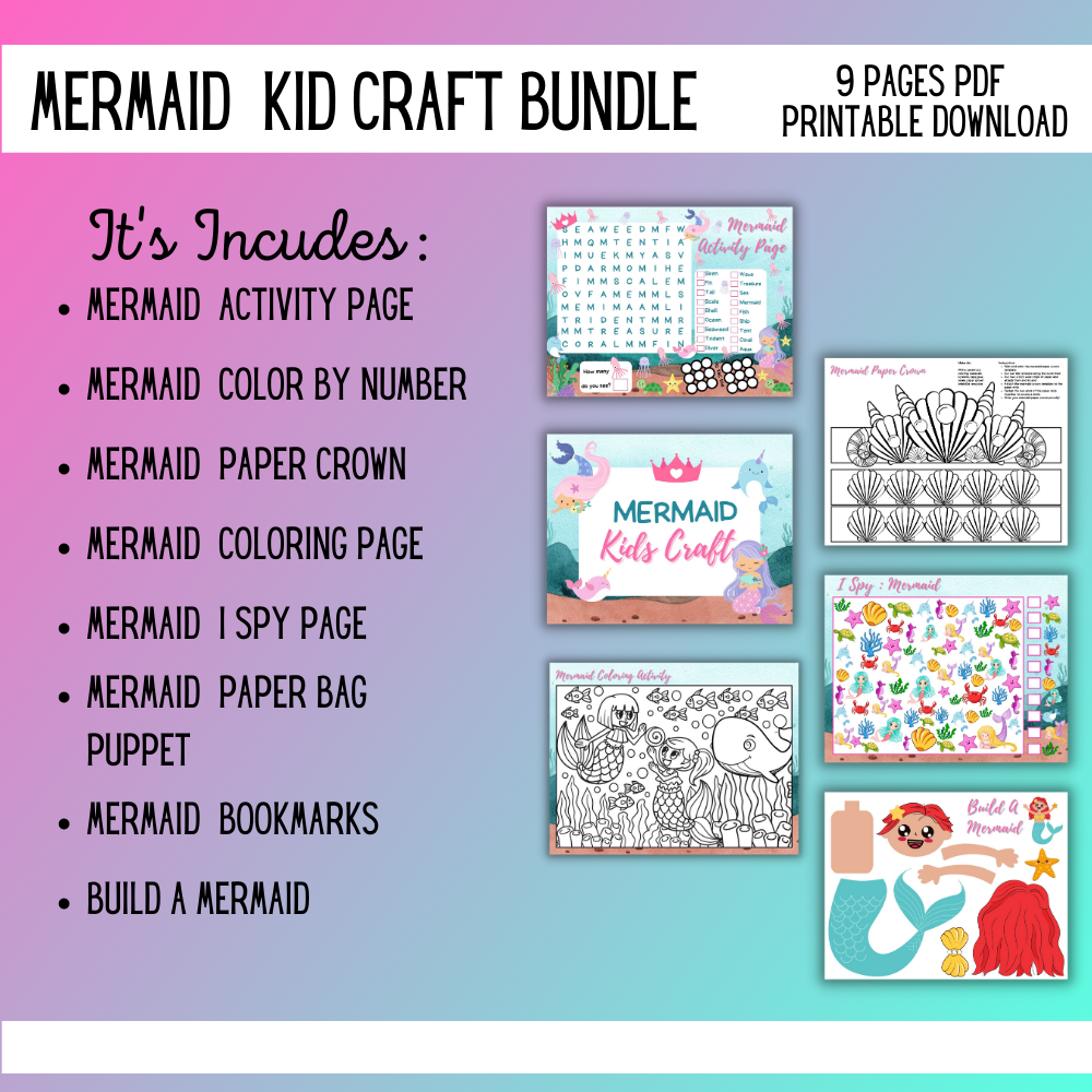 🧜‍♀️ Mermaid Kid Craft Bundle – 9 Printable PDF Activities