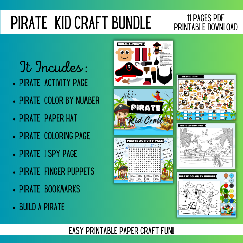 🏴‍☠️ Pirate Kid Craft Bundle – 11 Printable PDF Activities