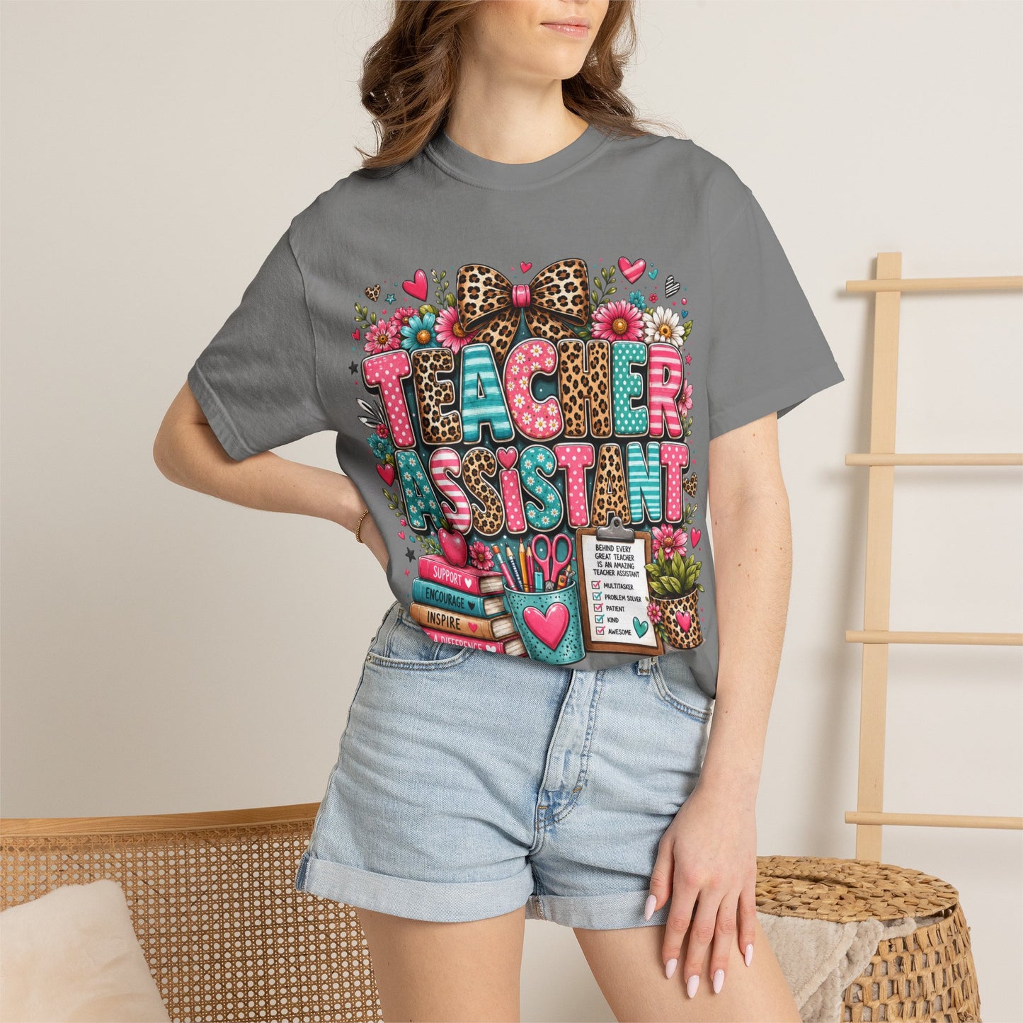Floral & Leopard Teacher Assistant Tee -- Comfort Colors