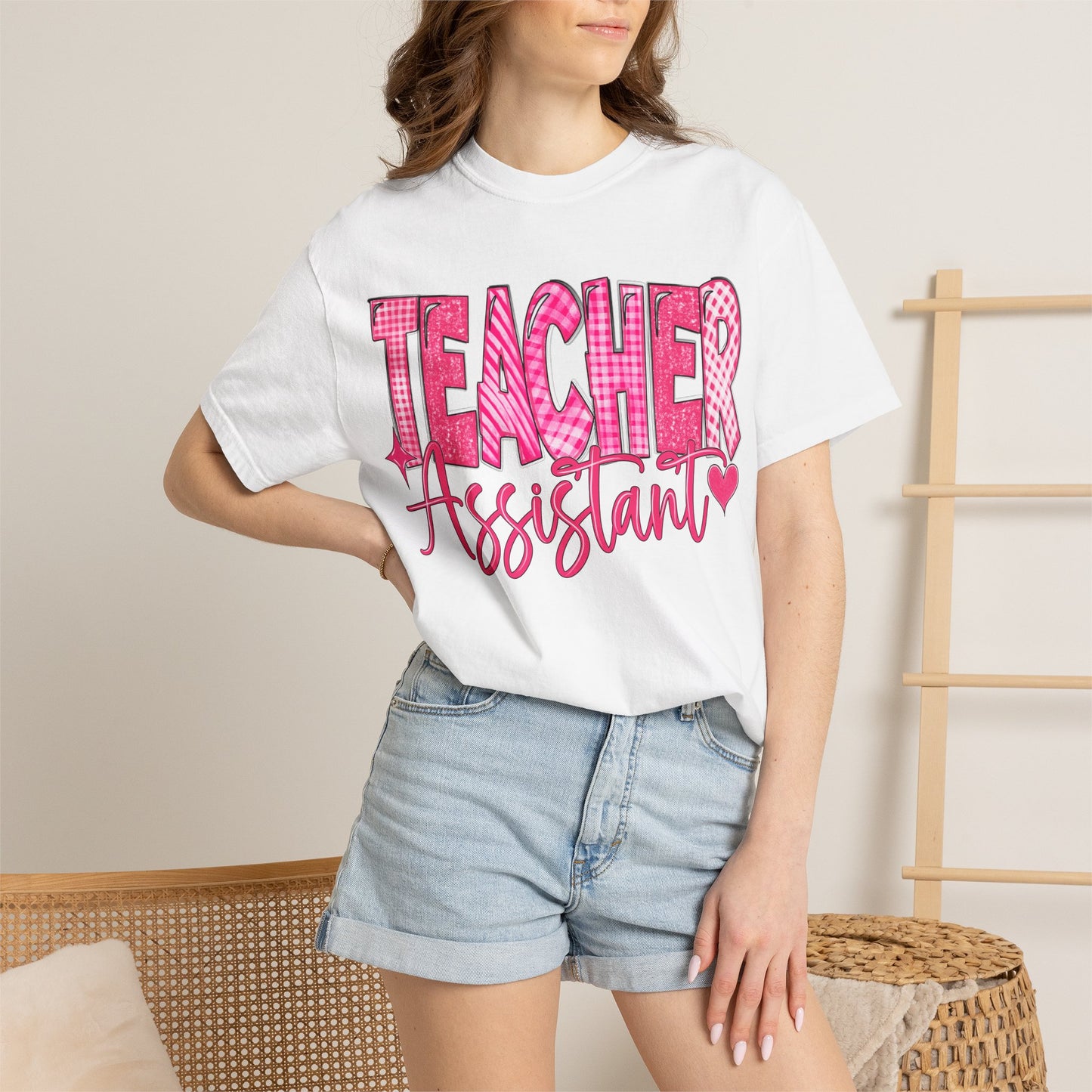 Pink Heart Teacher Assistant Tee — Comfort Colors