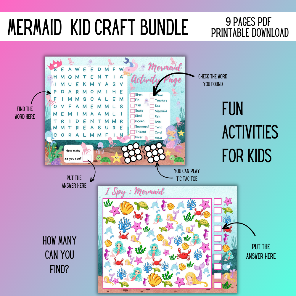 🧜‍♀️ Mermaid Kid Craft Bundle – 9 Printable PDF Activities