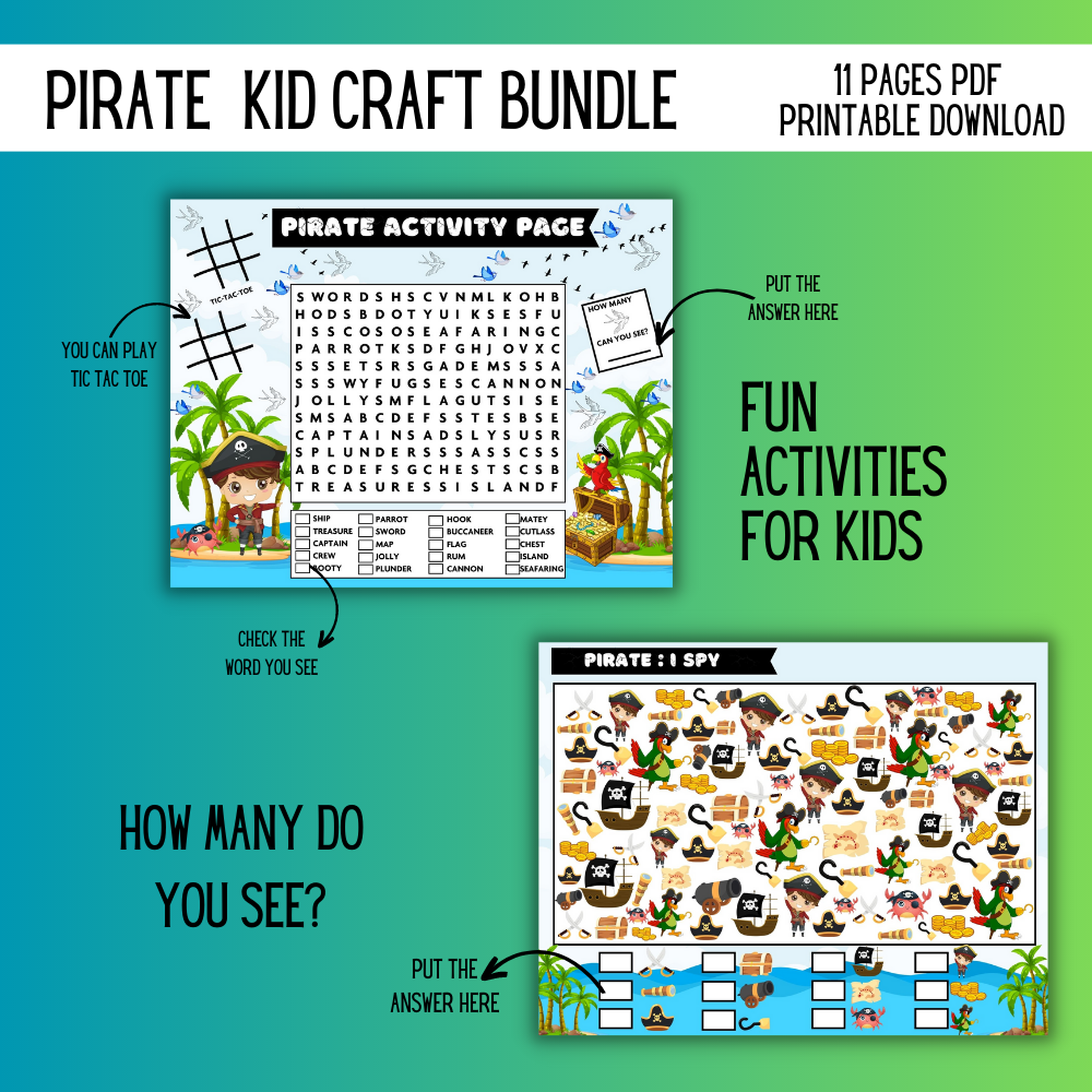 🏴‍☠️ Pirate Kid Craft Bundle – 11 Printable PDF Activities