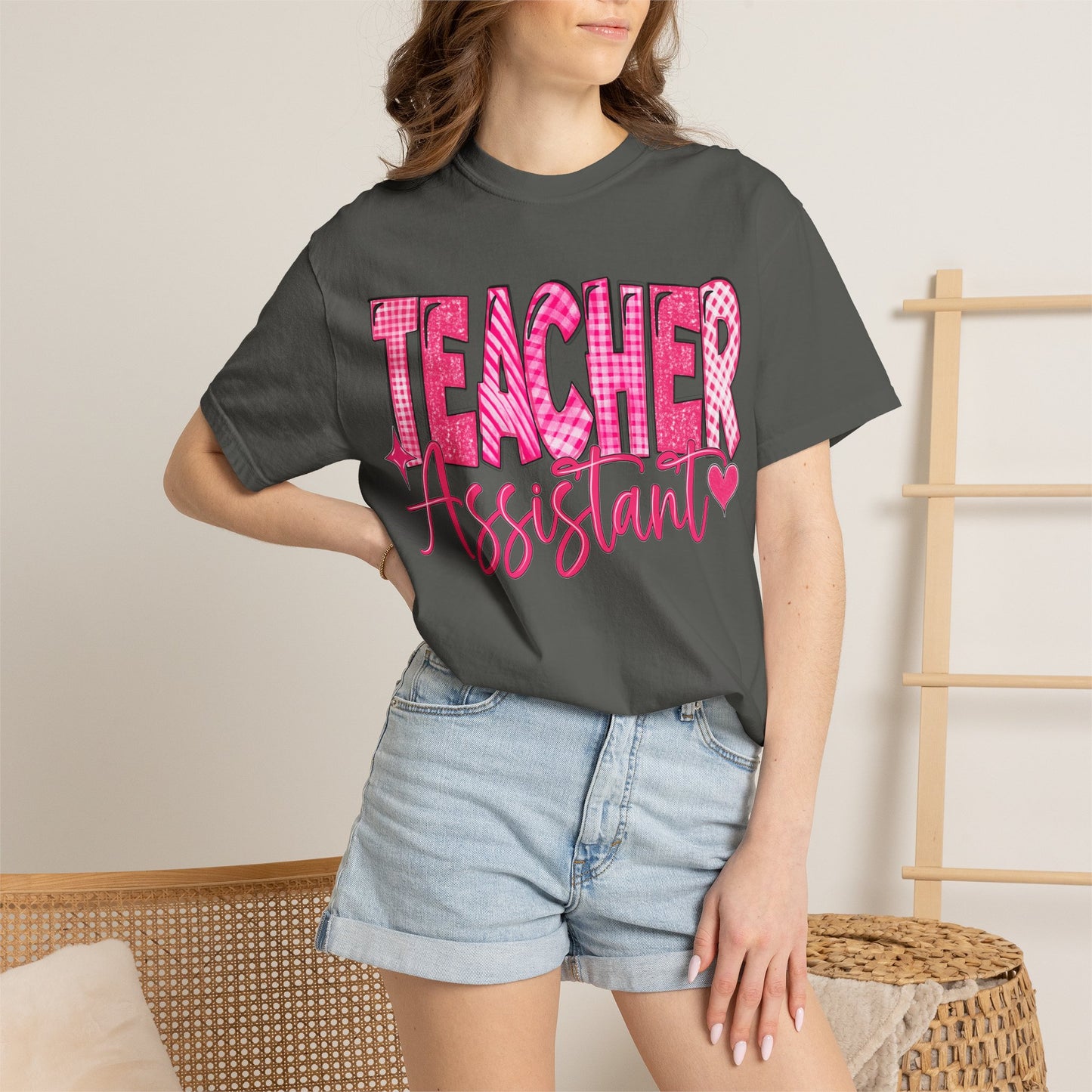 Pink Heart Teacher Assistant Tee — Comfort Colors