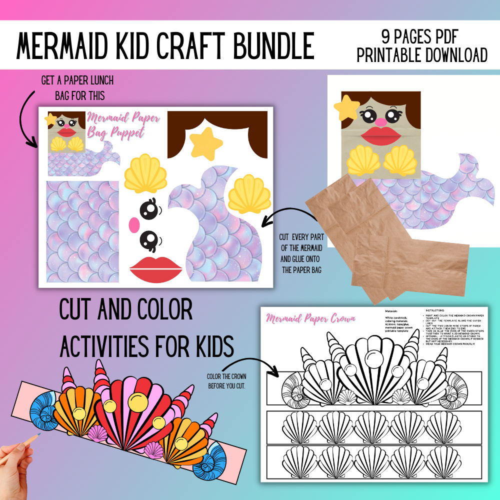 🧜‍♀️ Mermaid Kid Craft Bundle – 9 Printable PDF Activities