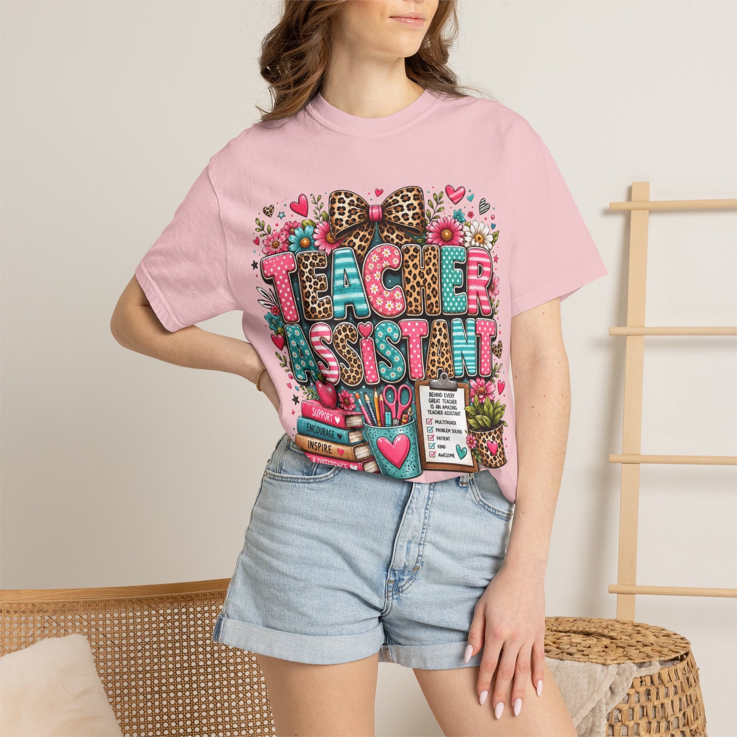 Floral & Leopard Teacher Assistant Tee -- Comfort Colors