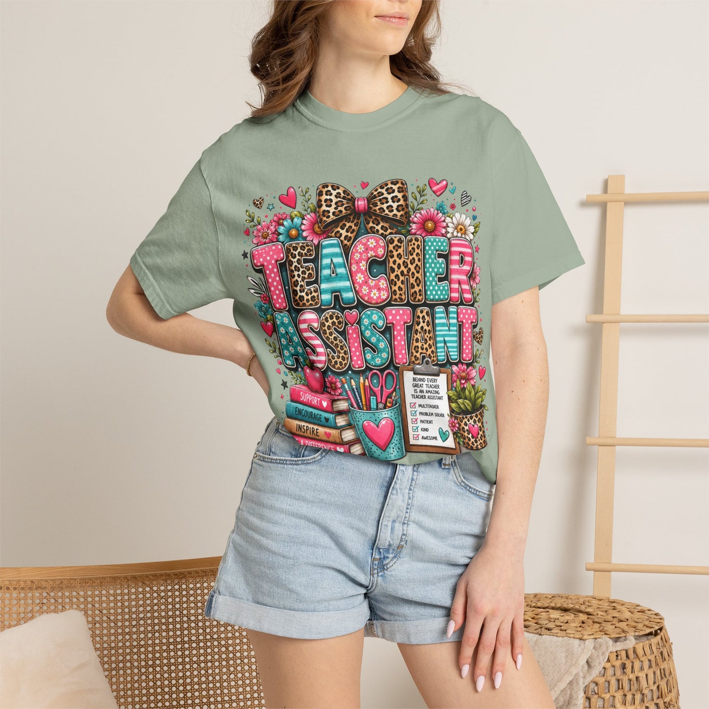 Floral & Leopard Teacher Assistant Tee -- Comfort Colors