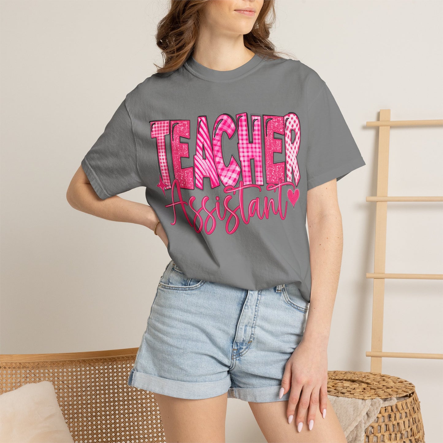 Pink Heart Teacher Assistant Tee — Comfort Colors